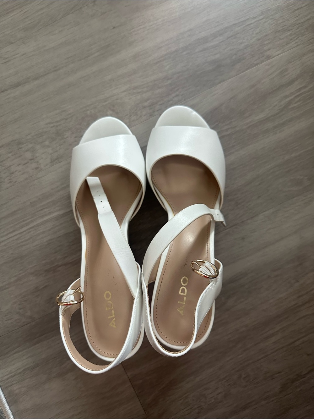 ALDO White Open-Toe Ankle-Strap Sandals with Gold Buckles